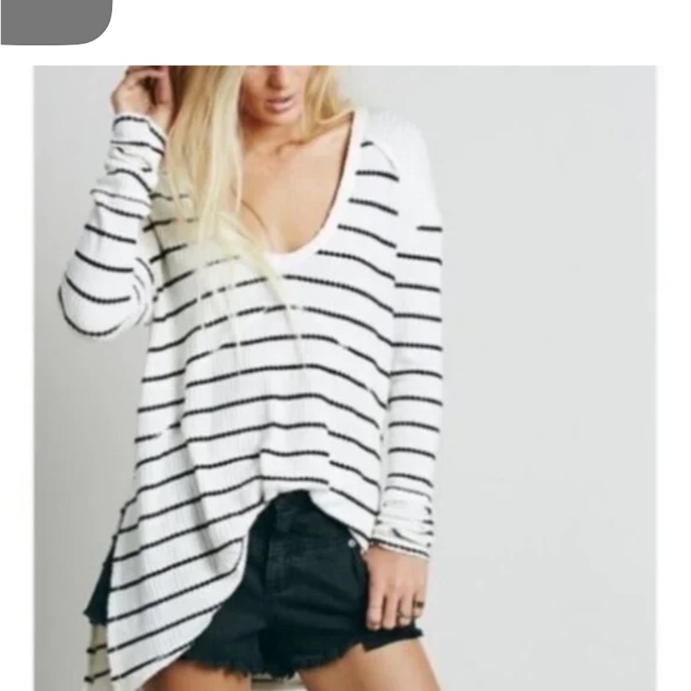 Free People Black and White Striped Distressed V-Neck Sunset Park Tunic Shirt